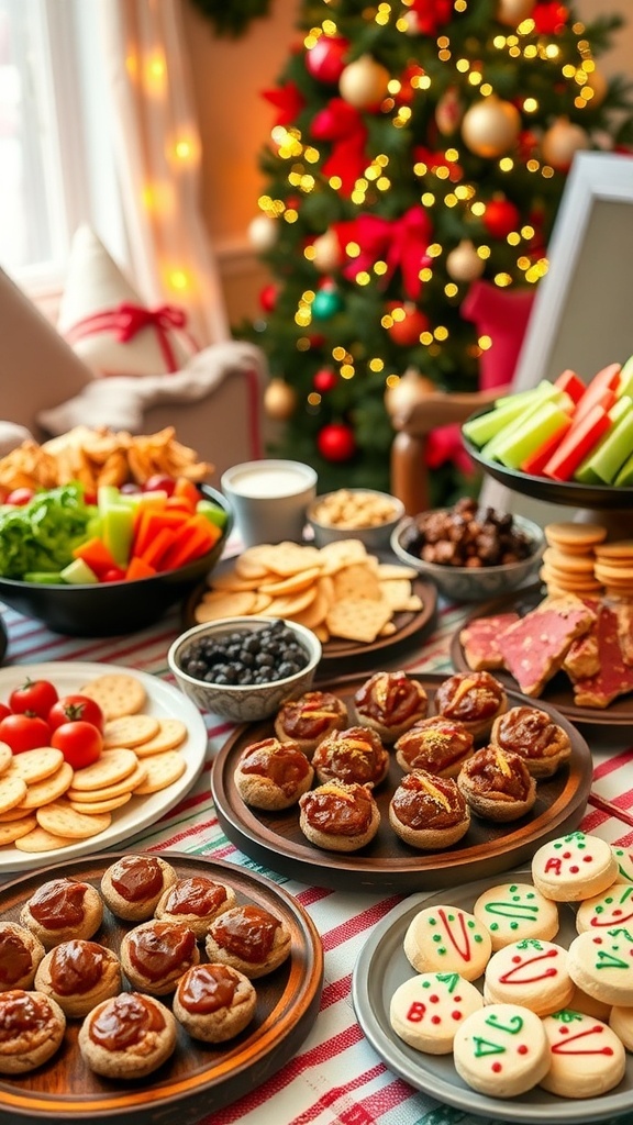 A festive table with affordable Christmas party food including vegetables, cheese, meatballs, mushrooms, and cookies.